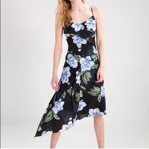 Banana Republic Asymmetrical Black Dress with Blue and Green Floral Size 2